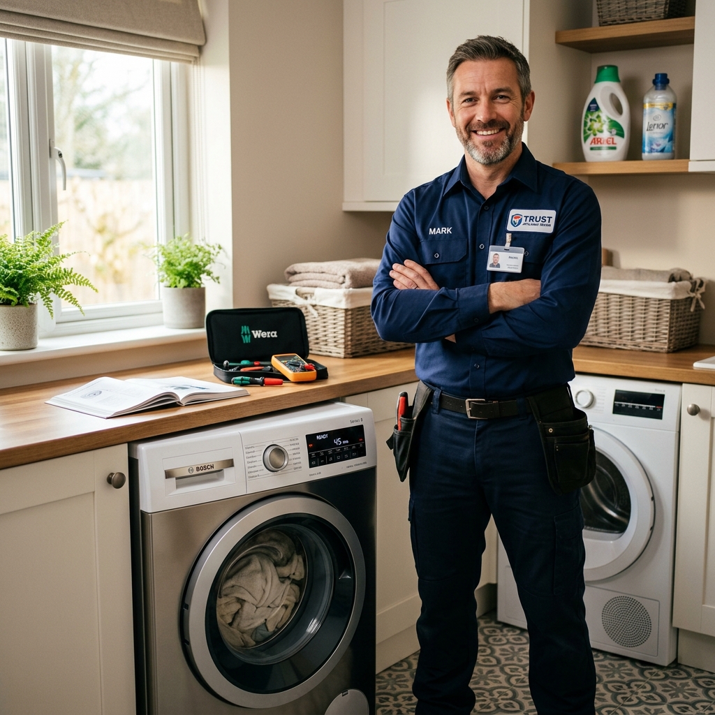 Professionele witgoed monteur aan het werk